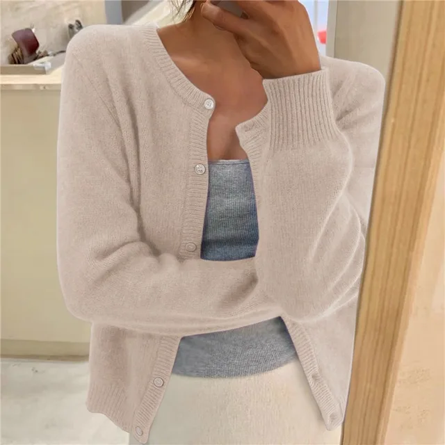 Amara apricot round neck button cardigan, front view
