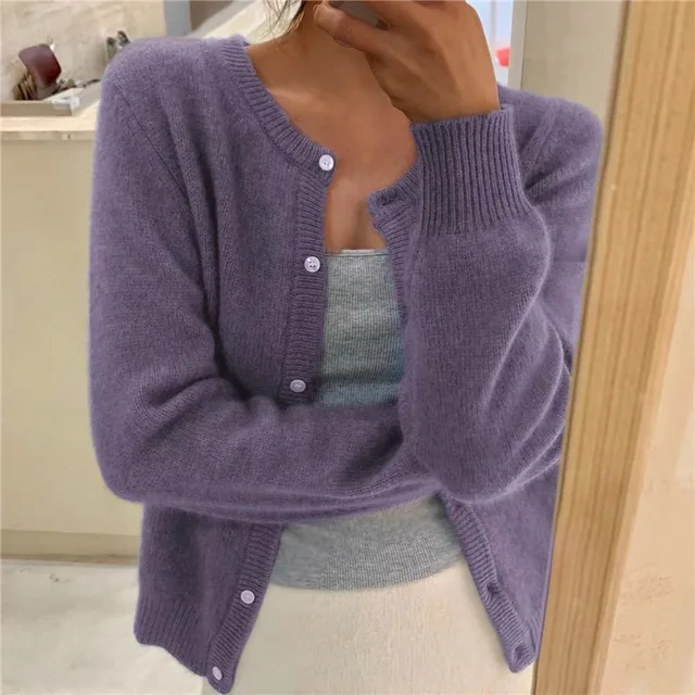 Amara purple round neck button cardigan, front view