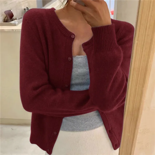 Amara purple round neck button cardigan, front view