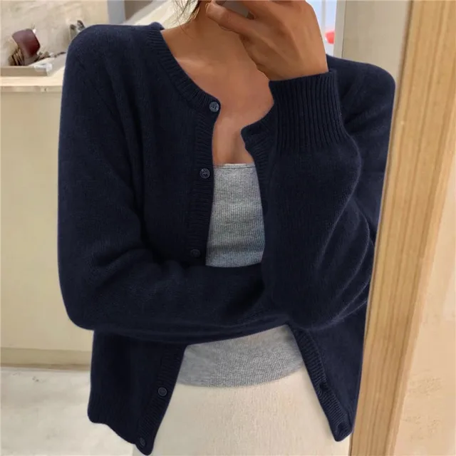 Amara purple round neck button cardigan, front view