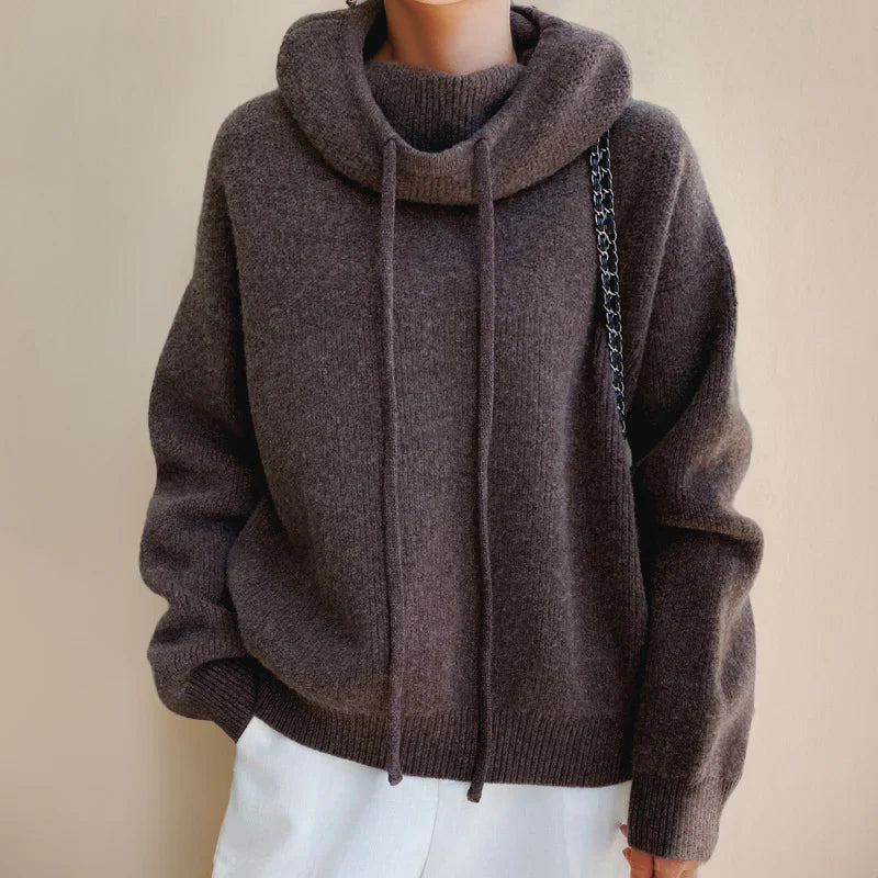 Amara cowl neck hooded sweater in brown, front view