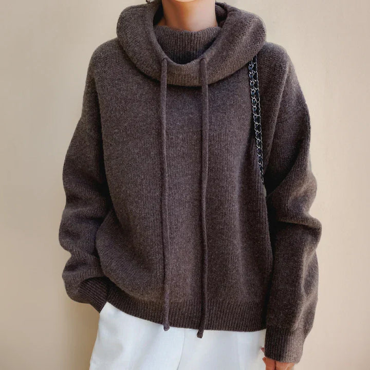 Amara cowl neck hooded sweater in brown, front view