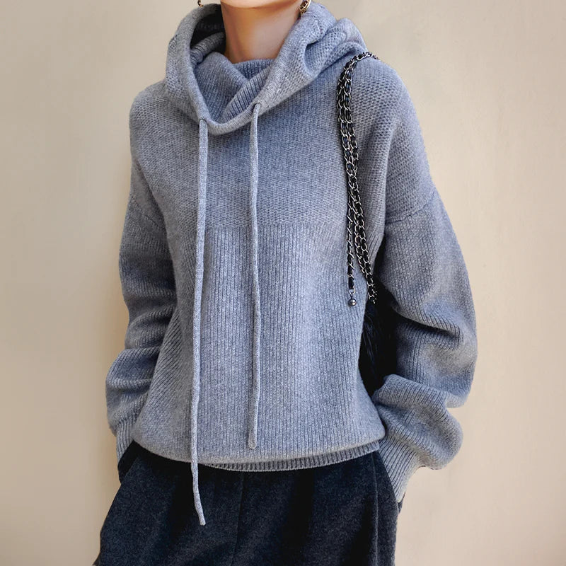 Amara cowl neck hooded sweater in gray, front view