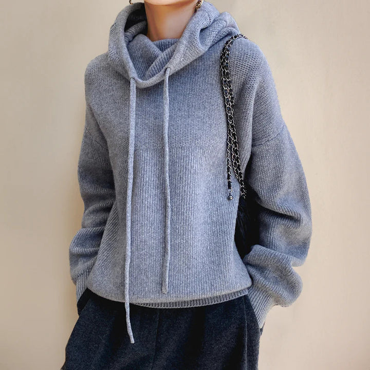 Amara cowl neck hooded sweater in gray, front view