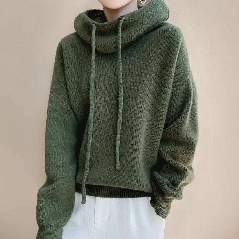 Amara cowl neck hooded sweater in green, close-up view