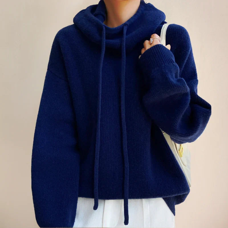 Amara oversized hooded sweater in navy blue, front view