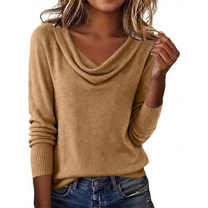 Amara draped cowl neck sweater in khaki, front view