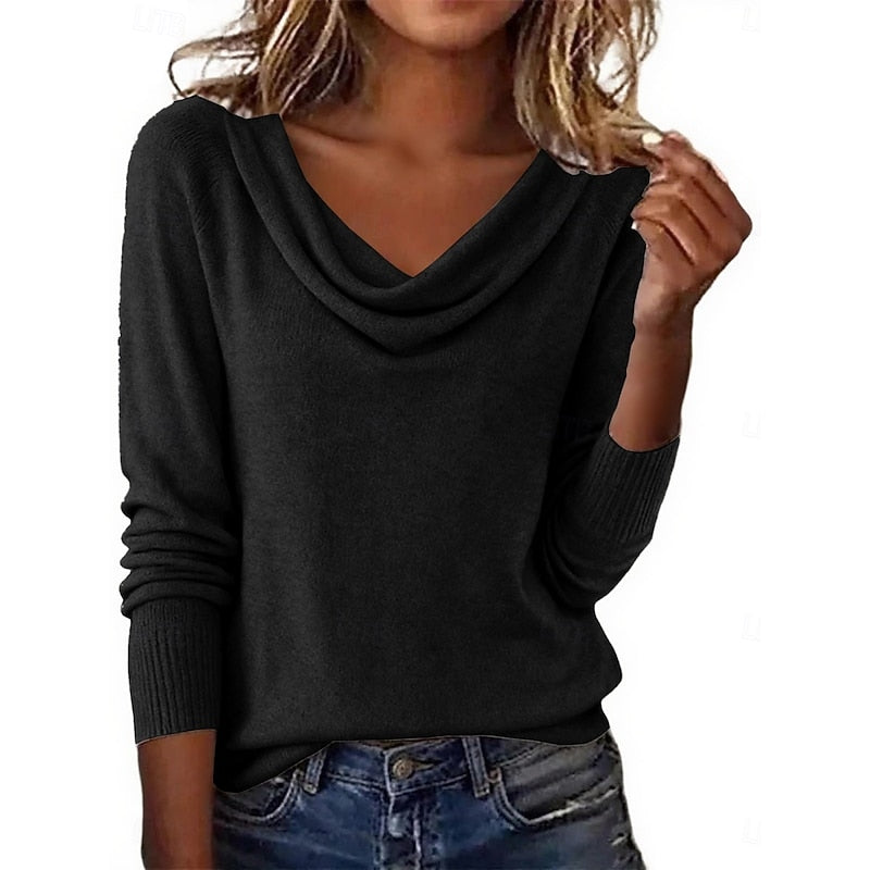 Amara draped cowl neck sweater in black, front view