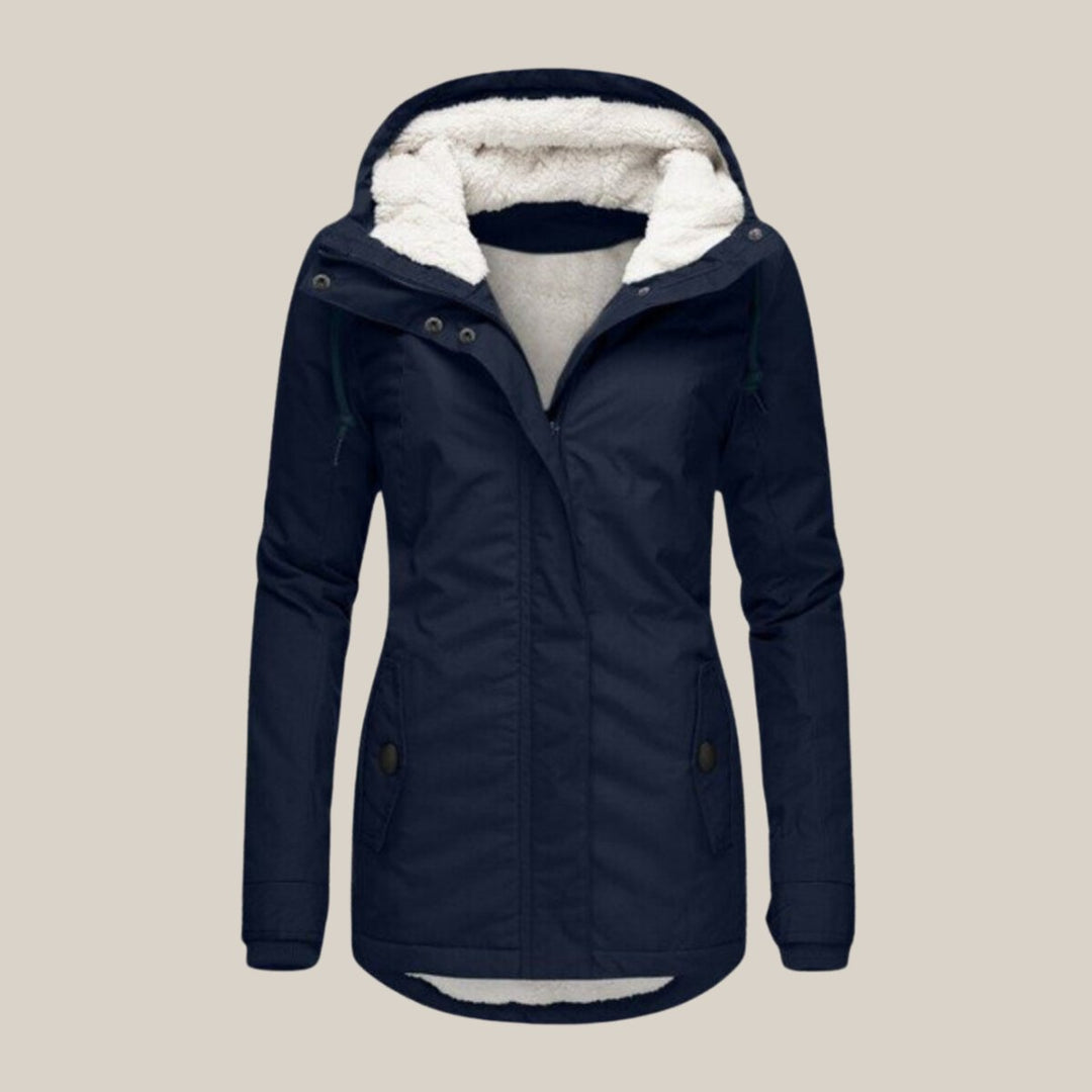 Amelia sherpa-lined hooded quilted coat in navy, front view