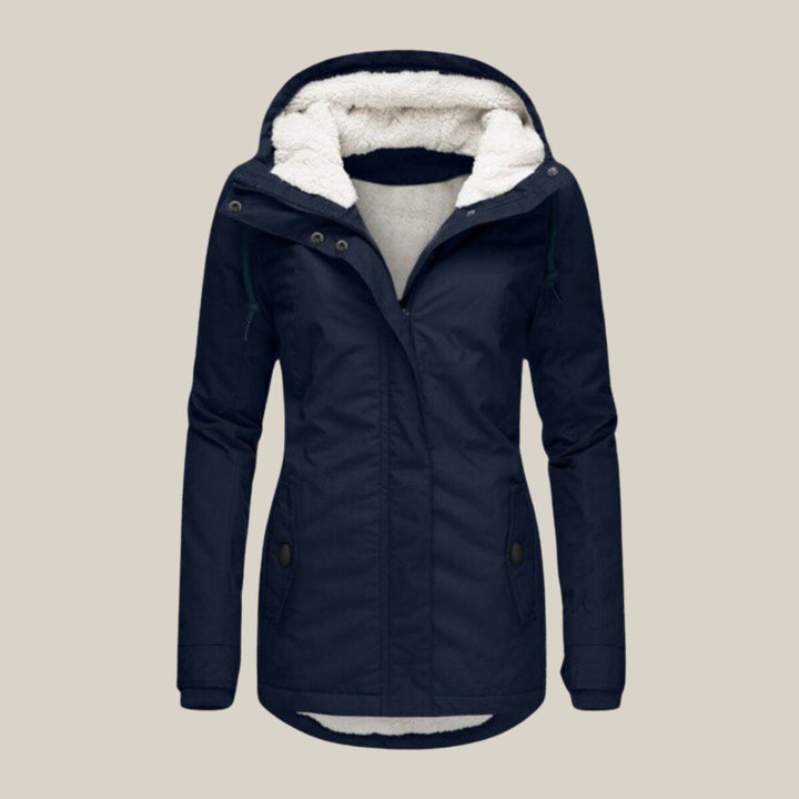 Amelia sherpa-lined hooded quilted coat in navy, front view