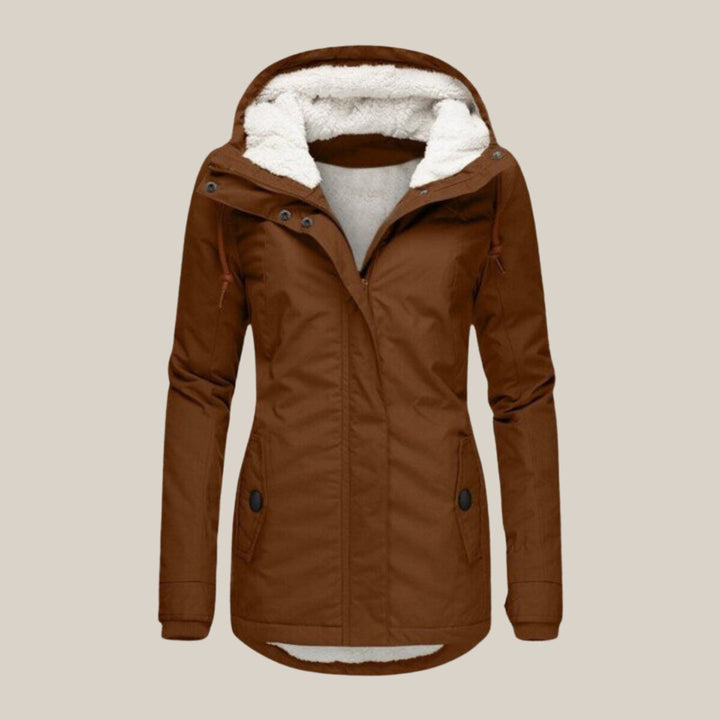 Amelia sherpa-lined hooded quilted coat in brown, front view