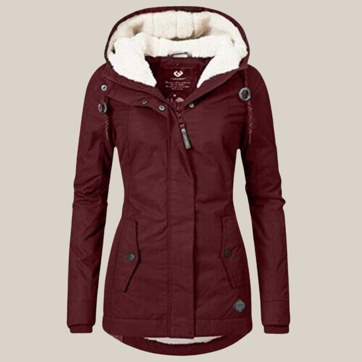 Amelia sherpa-lined hooded quilted coat in burgundy, front view