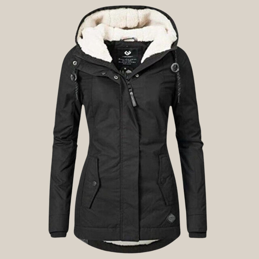 Amelia sherpa-lined hooded quilted coat in black, front view