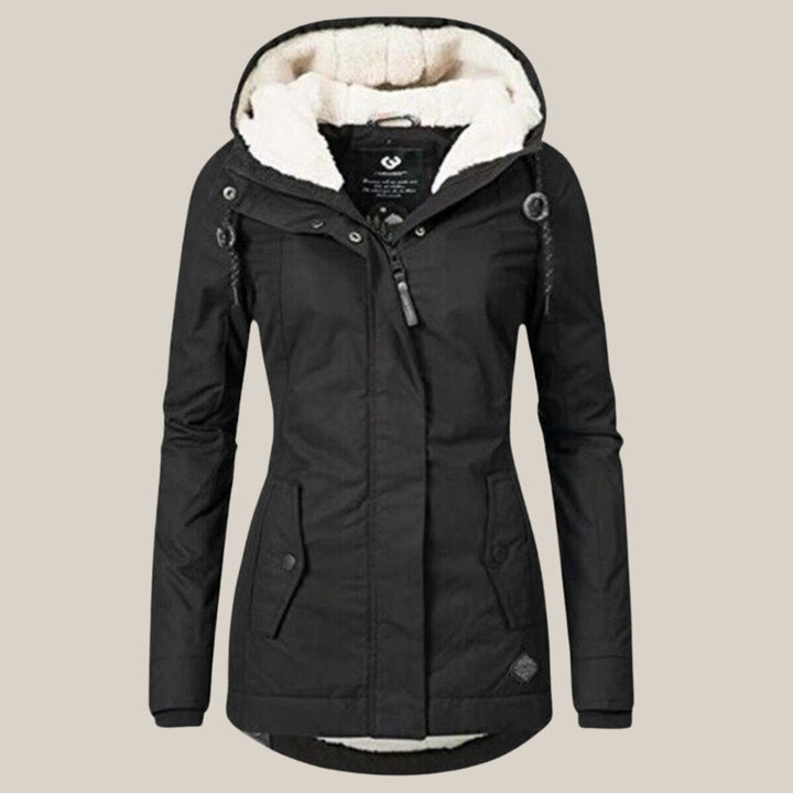 Amelia sherpa-lined hooded quilted coat in black, front view