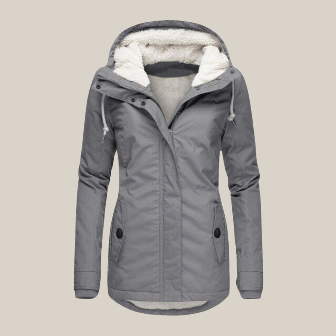 Amelia sherpa-lined hooded quilted coat in gray, front view