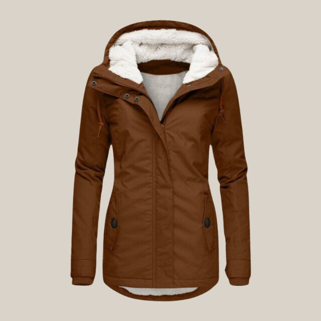 Amelia sherpa-lined hooded quilted coat in brown, front view