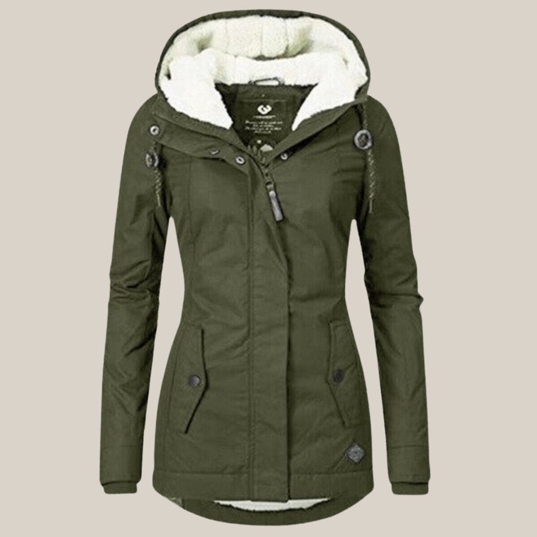 Amelia sherpa-lined hooded quilted coat in olive green, front view