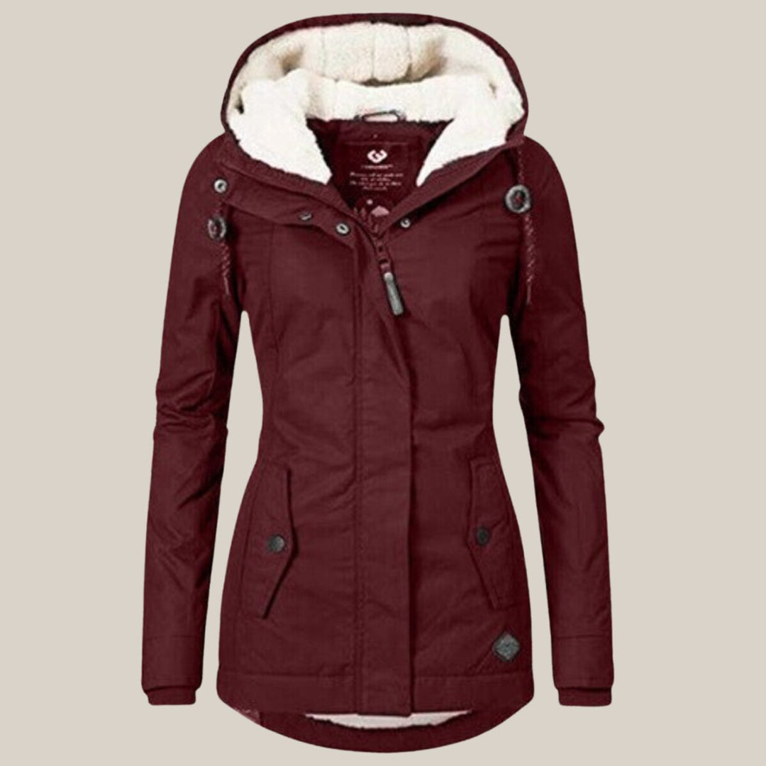 Amelia sherpa-lined hooded quilted coat in burgundy, front view