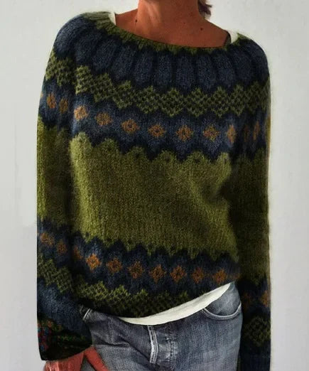 Annalise Fair Isle fall sweater in green and navy with patterned yoke, front view