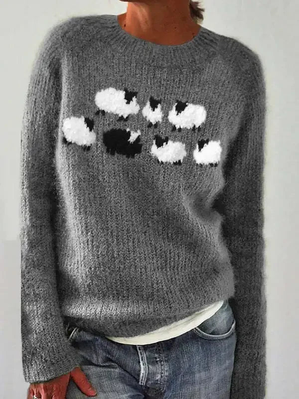 Annalise sheep graphic fall sweater in gray, front view