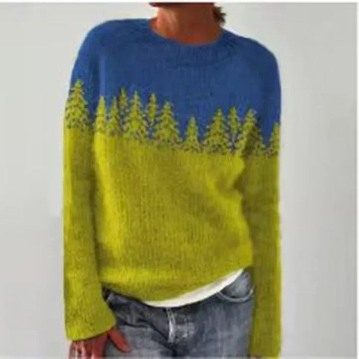 Annalise pine tree colorblock fall sweater in blue and yellow, front view