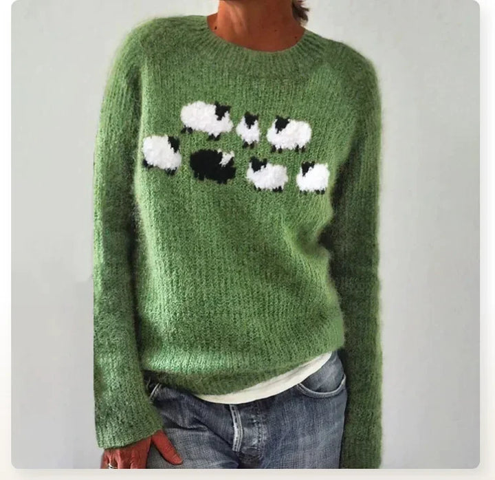 Annalise sheep graphic fall sweater in green, front view