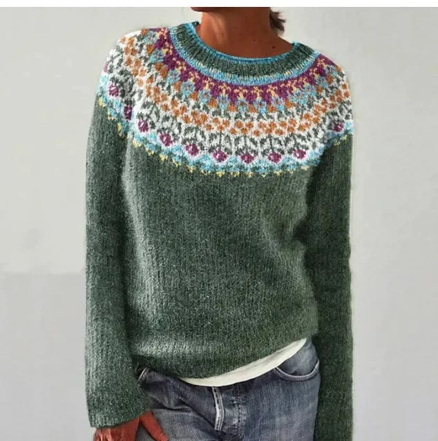 Annalise Fair Isle fall sweater in green with patterned yoke, front view