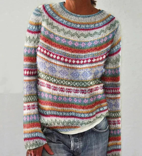 Annalise striped Fair Isle fall sweater in multicolor, front view