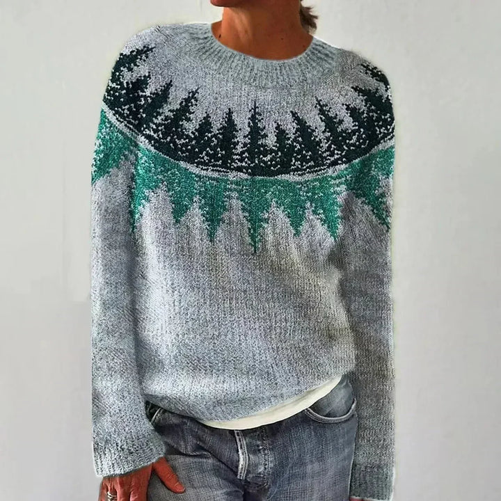 Annalise pine tree pattern fall sweater in gray, front view