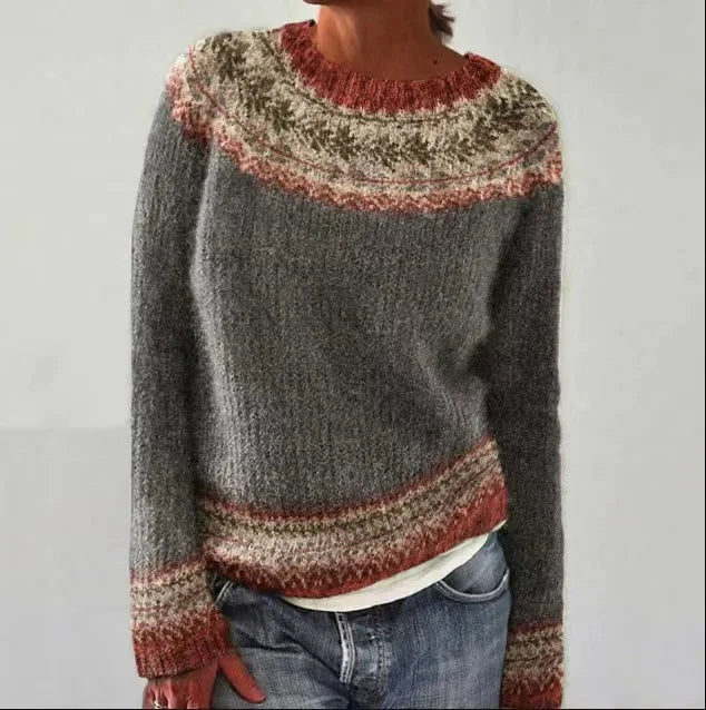 Annalise Fair Isle fall sweater in gray with red patterned yoke, front view