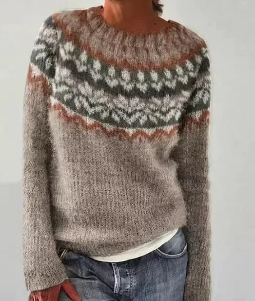 Annalise Fair Isle fall sweater in taupe with patterned yoke, front view
