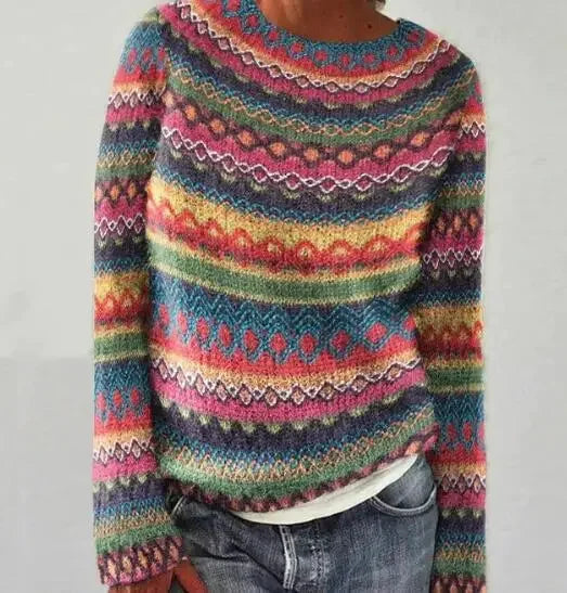 Annalise striped Fair Isle fall sweater in multicolor, close-up side view