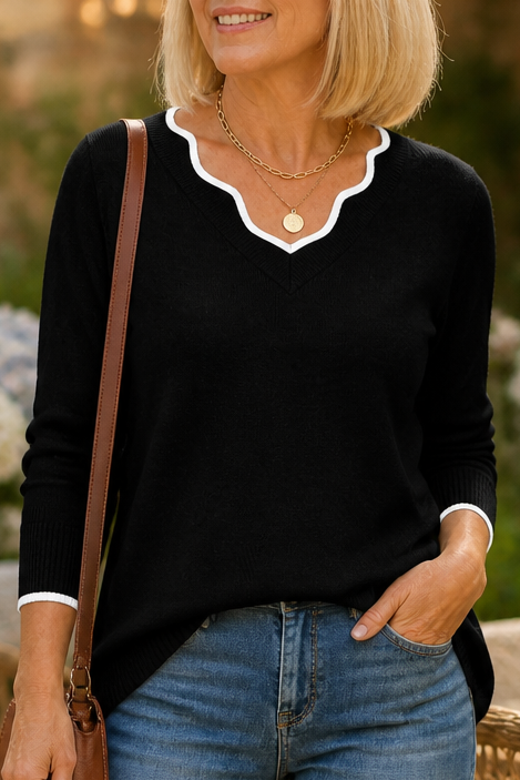 Annalise V-neck knit sweater styled with jeans and ankle boots, indoor scene