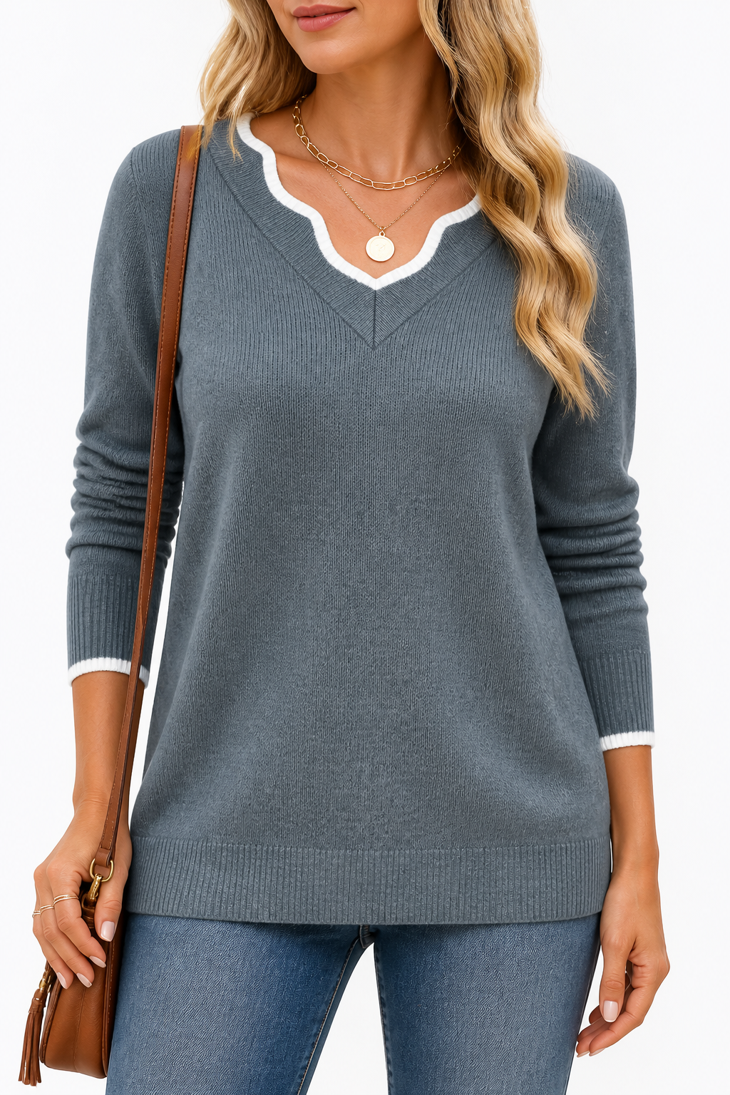 Annalise V-neck knit sweater styled with jeans and ankle boots, indoor scene