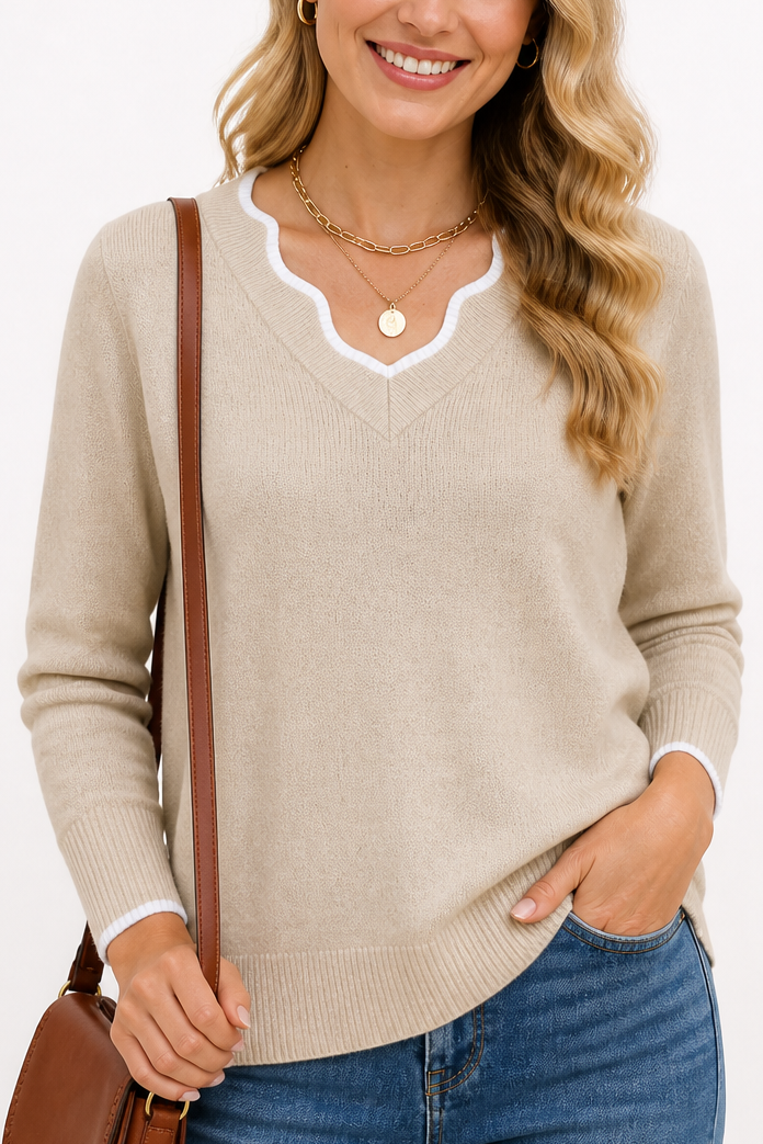 Annalise V-neck knit sweater styled with jeans and ankle boots, indoor scene
