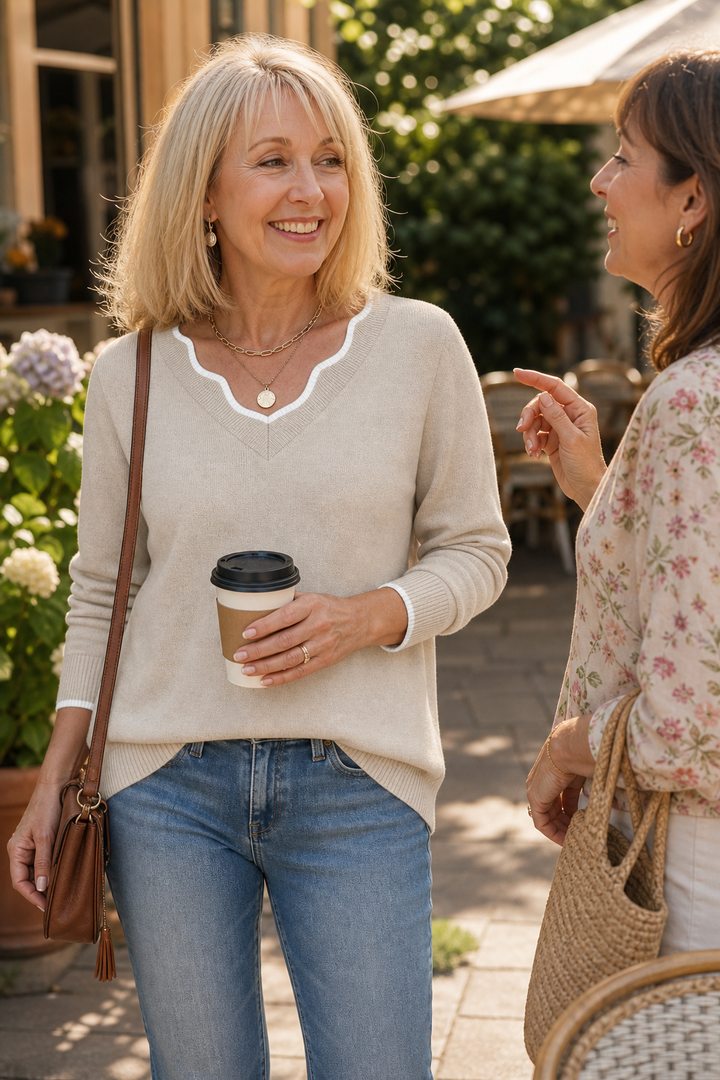 Annalise V-neck knit sweater worn while chatting outdoors