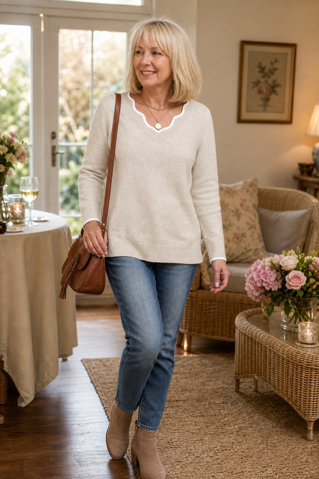 Annalise V-neck knit sweater styled with jeans and ankle boots, indoor scene