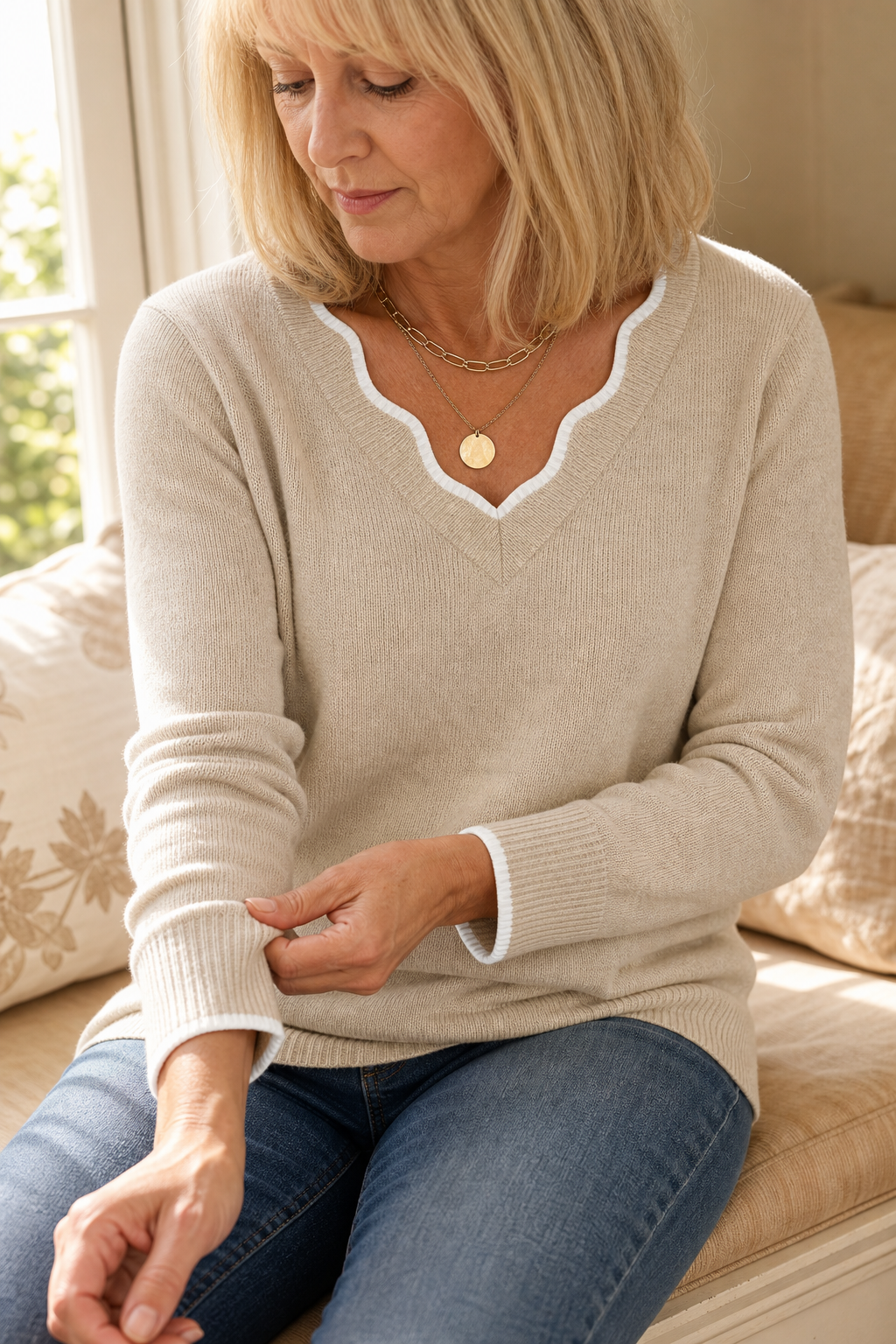 Annalise V-neck knit sweater styled with jeans and ankle boots, indoor scene