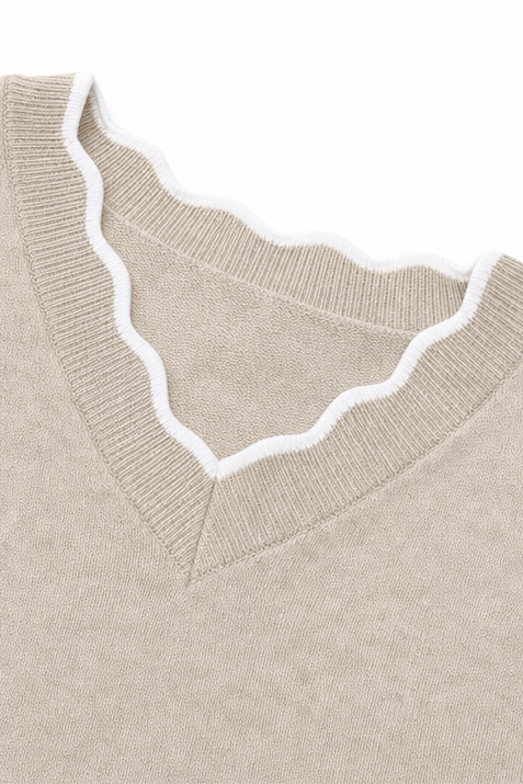Annalise V-neck knit sweater styled with jeans and ankle boots, indoor scene