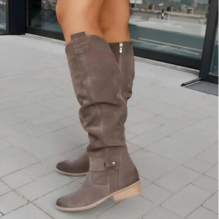 Anneliese knee high boots back view showing pull tab and zipper