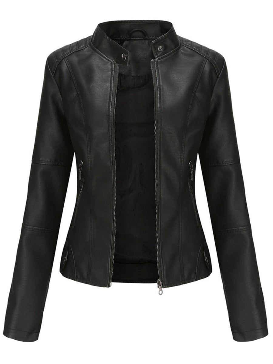 Annika fitted faux leather biker jacket in black, front view