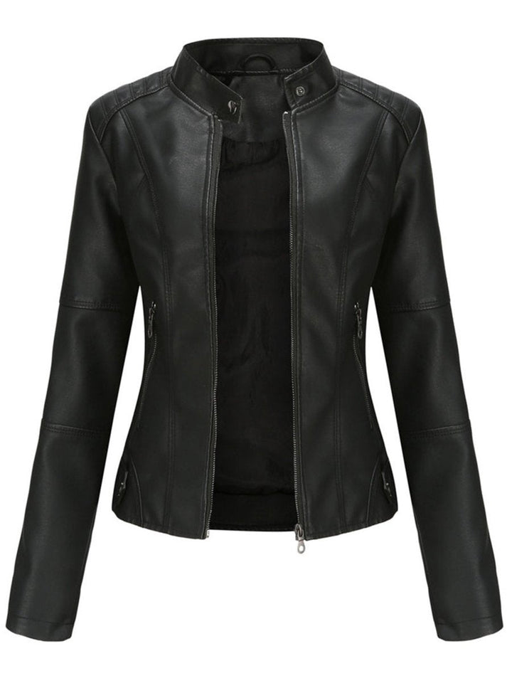 Annika fitted faux leather biker jacket in black, front view