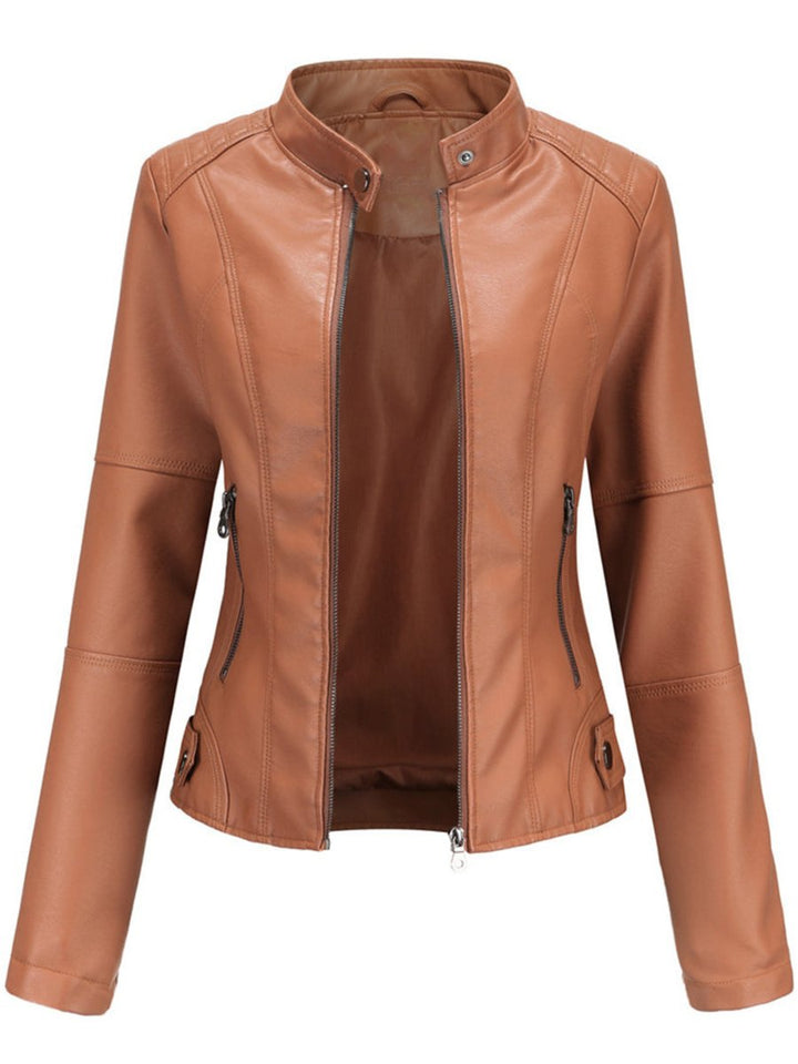 Annika fitted faux leather biker jacket in camel, front view
