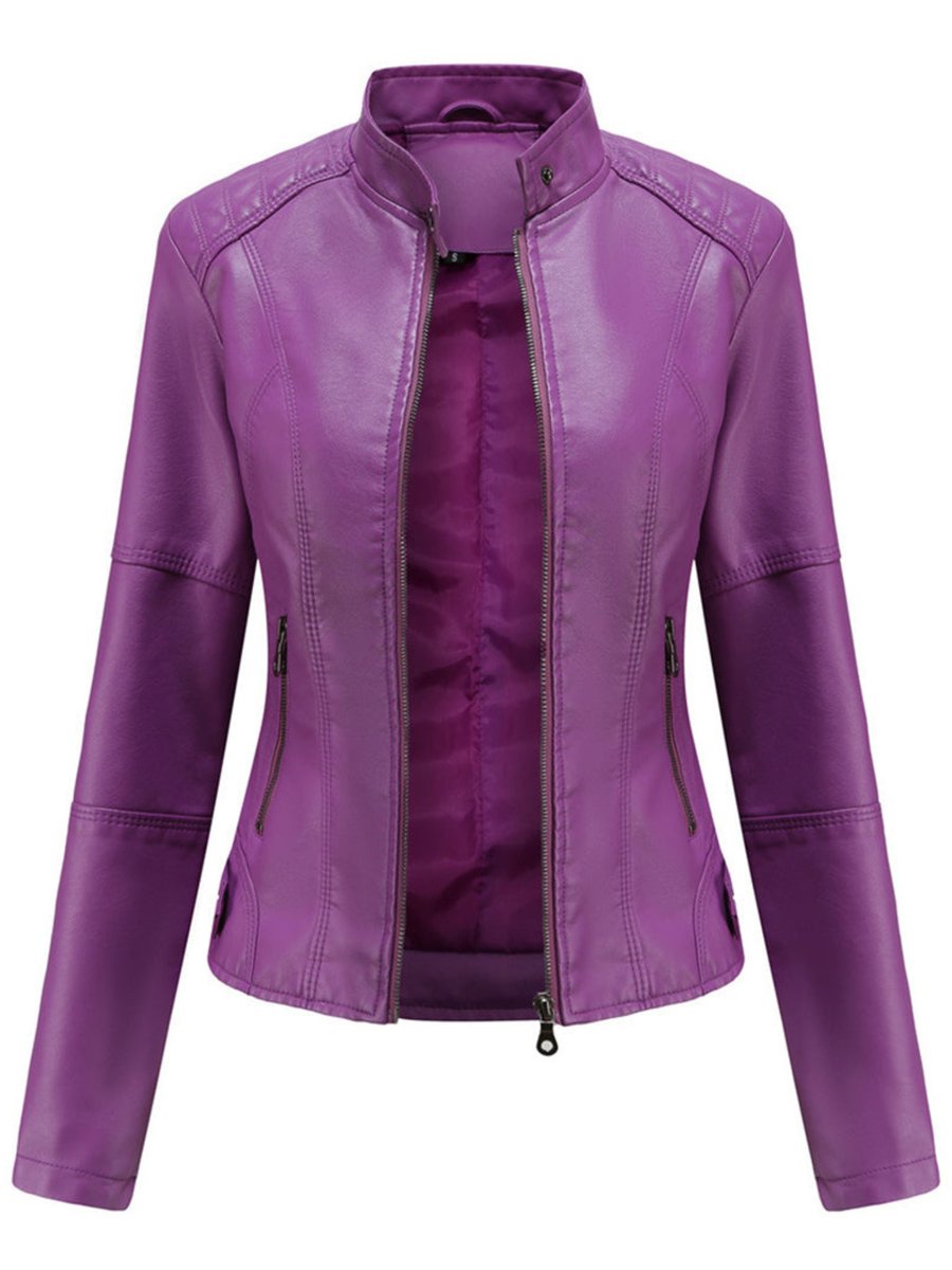 Annika fitted faux leather biker jacket in purple, front view