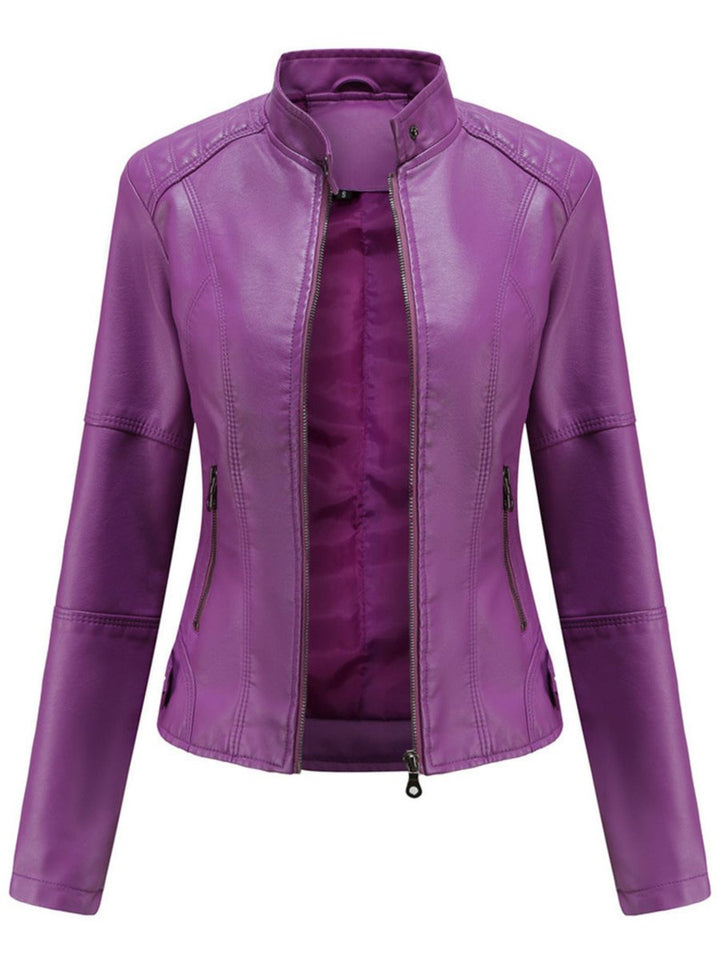 Annika fitted faux leather biker jacket in purple, front view