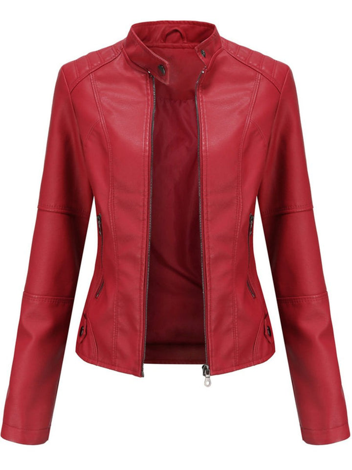Annika fitted faux leather biker jacket in red, front view