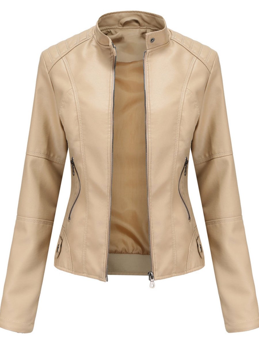 Annika fitted faux leather biker jacket in beige, front view