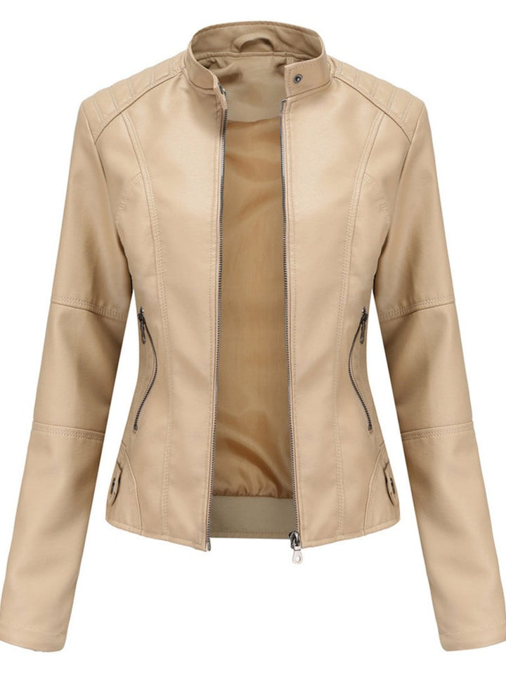 Annika fitted faux leather biker jacket in beige, front view