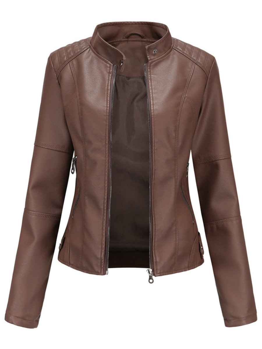 Annika fitted faux leather biker jacket in dark brown, front view