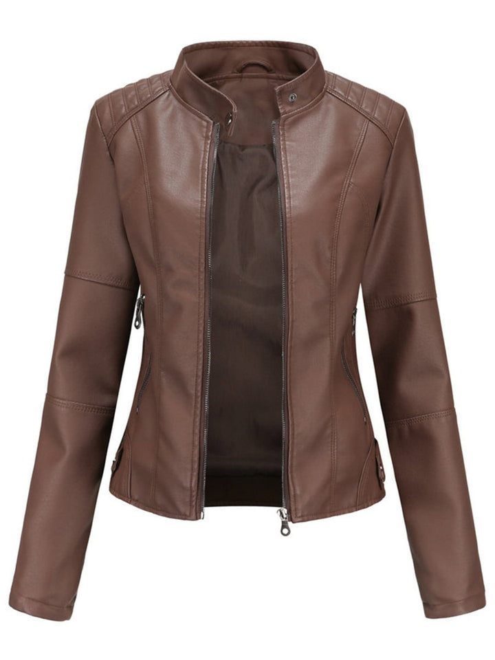 Annika fitted faux leather biker jacket in dark brown, front view